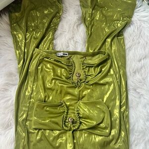 Fashion Nova Metallic Olive Green Ruched Jumpsuit